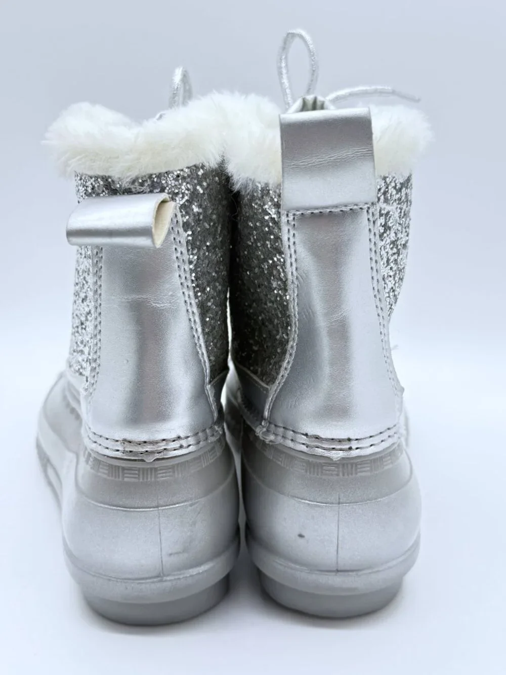 Women's Silver Glitter Duck Boots Faux Fur Coquette Y2K Snowcore Sz 8 3962